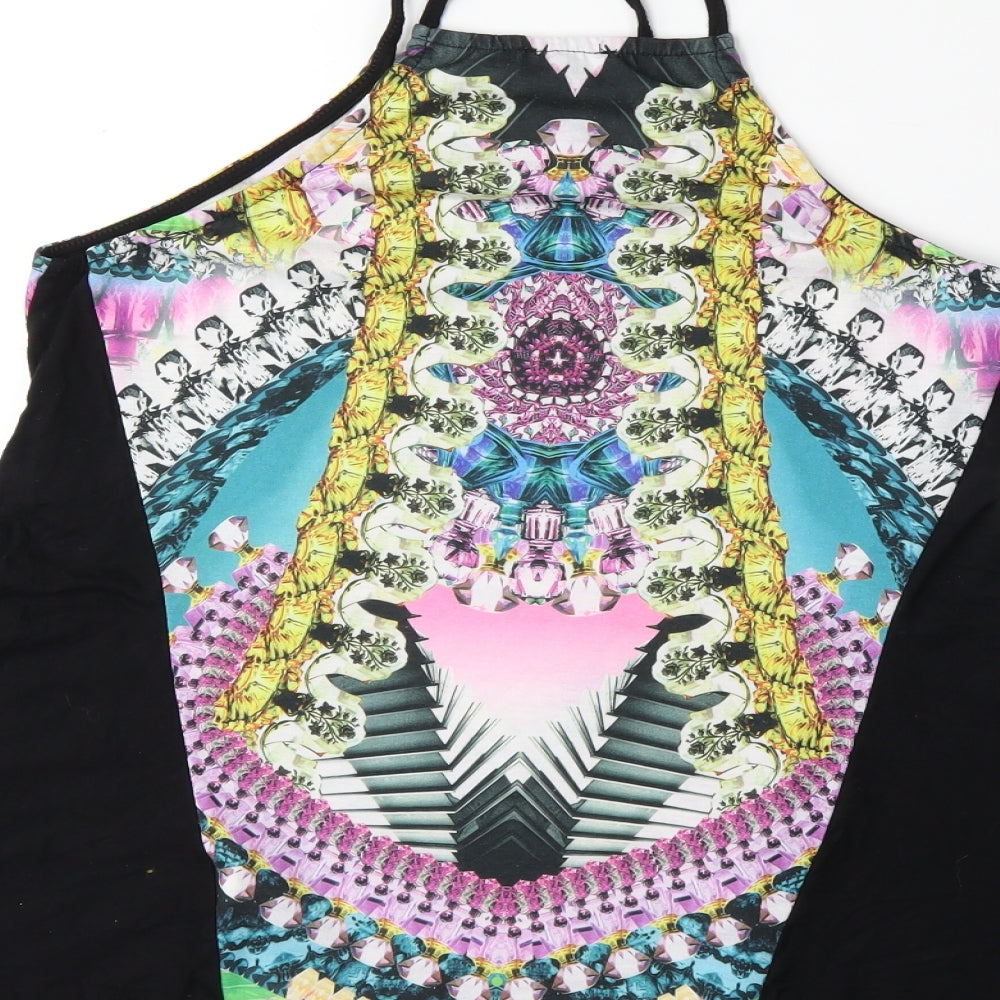 Brand and care label for River Island women’s black floral basic tank, size UK 8