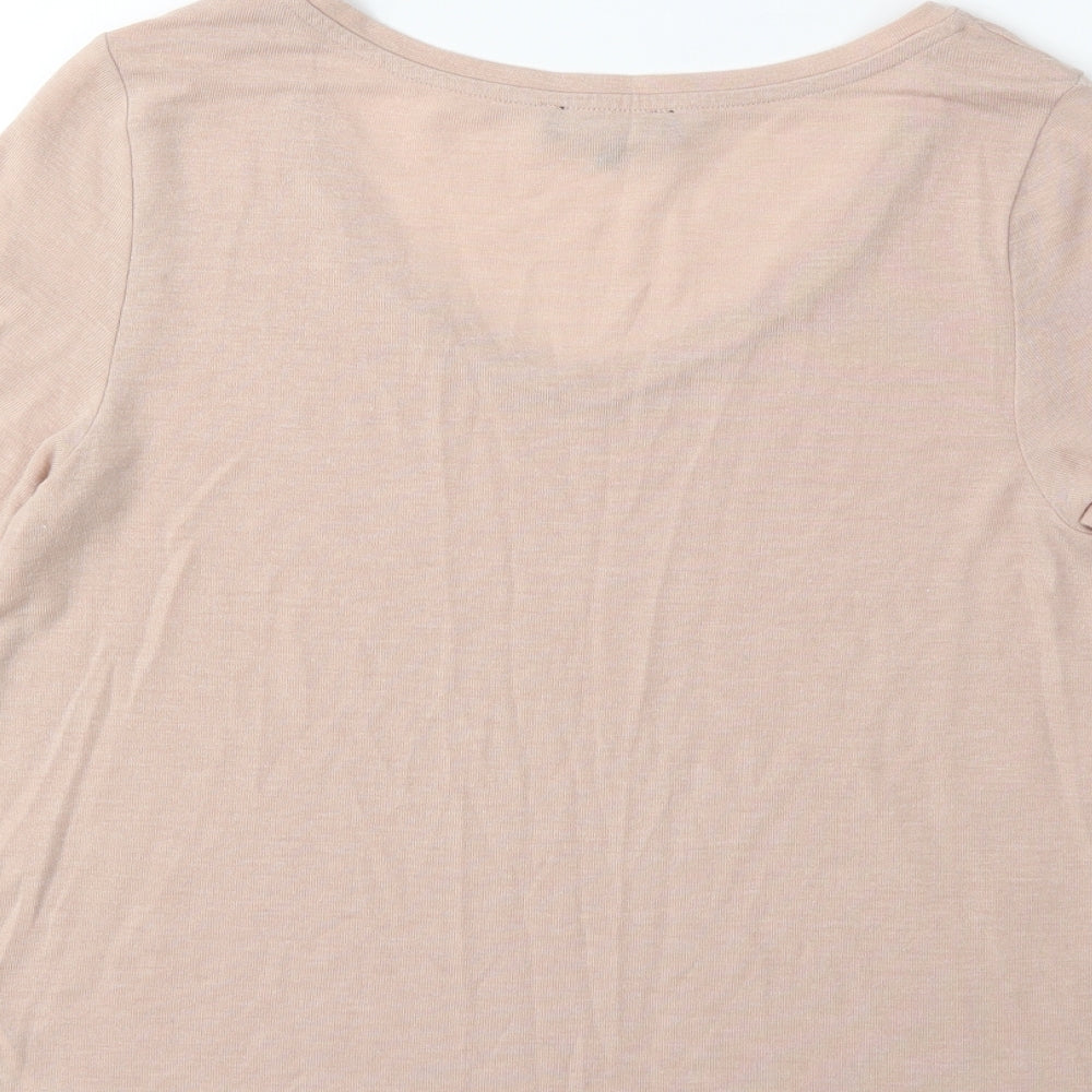 Brand and care label for New Look women’s beige basic t-shirt, size UK 10