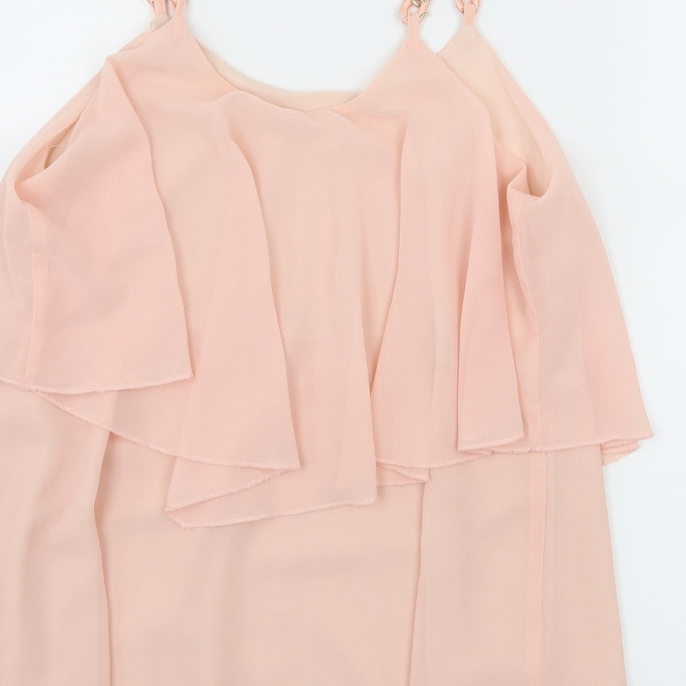 Brand and care label for Preworn women’s pink chiffon camisole tank, size S