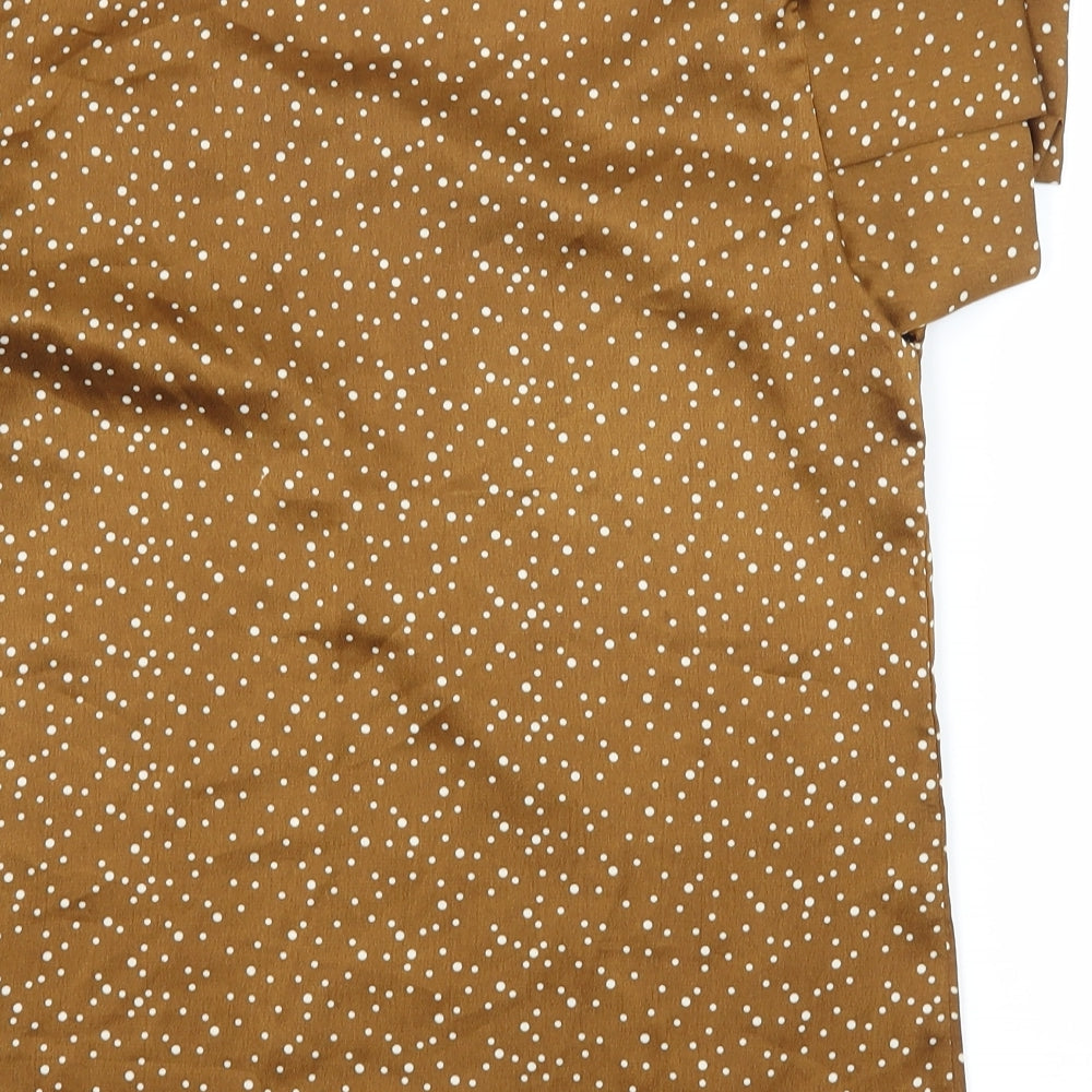Preworn Womens Brown Polka Dot Satin Basic Blouse Size S
