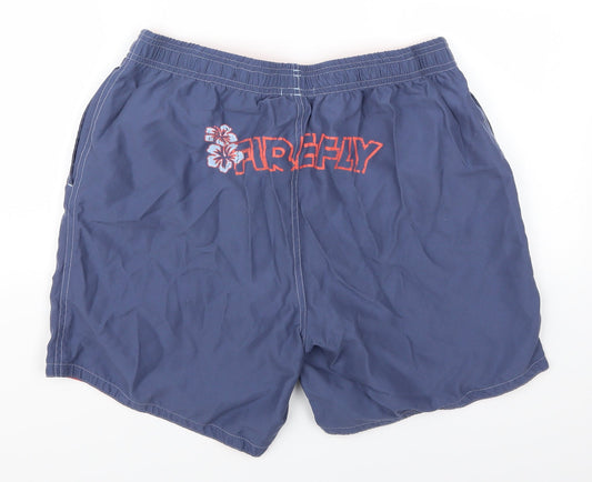 Back view of Firefly men’s blue sweat shorts, size M, - logo