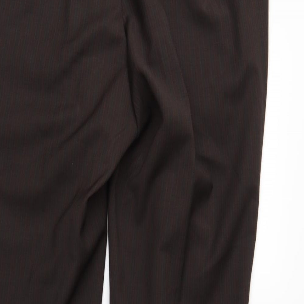 Brand and care label for limehaus men’s brown striped trousers, size 36, in, 28-inch leg
