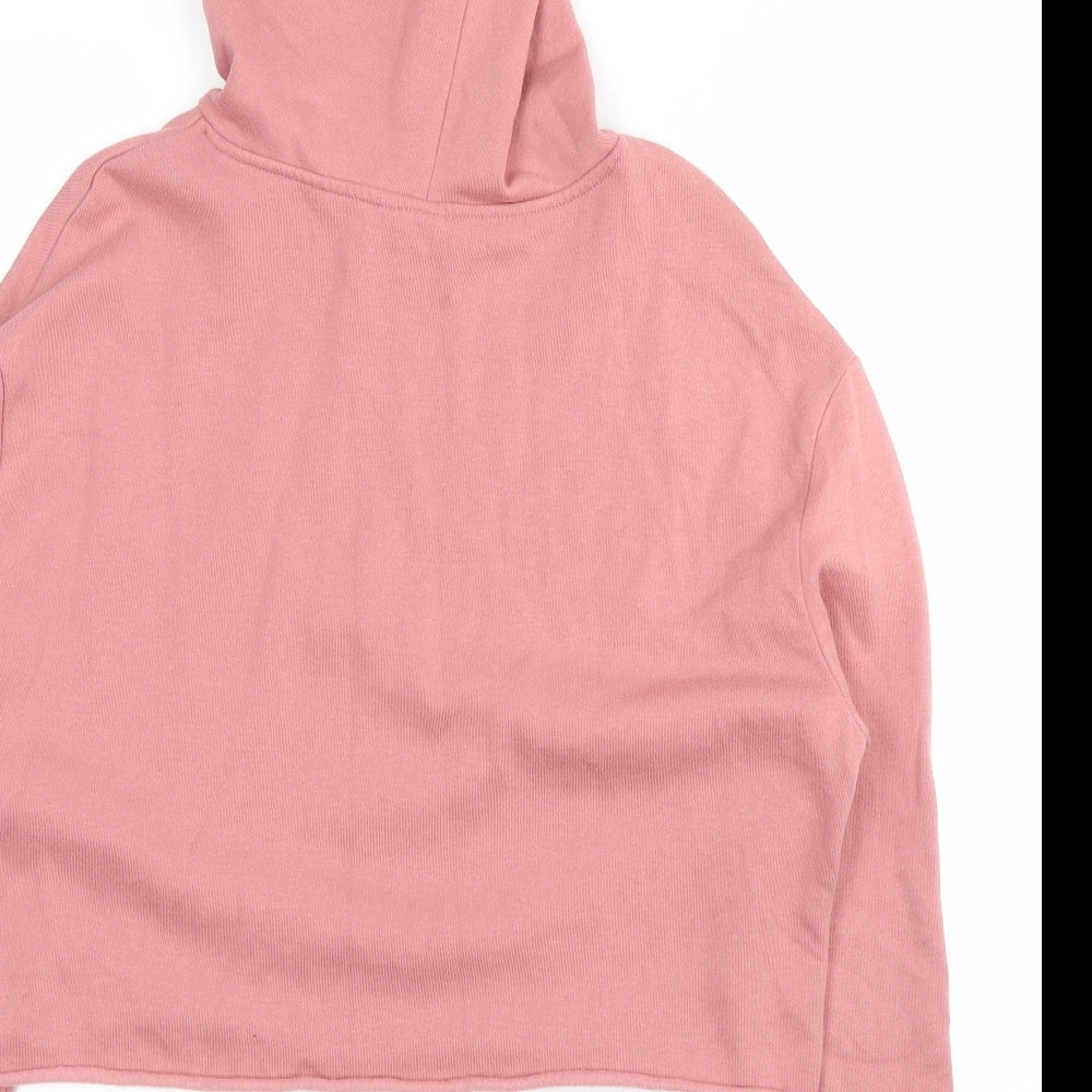 Brand and care label for H&M women’s pink pullover hoodie, size M
