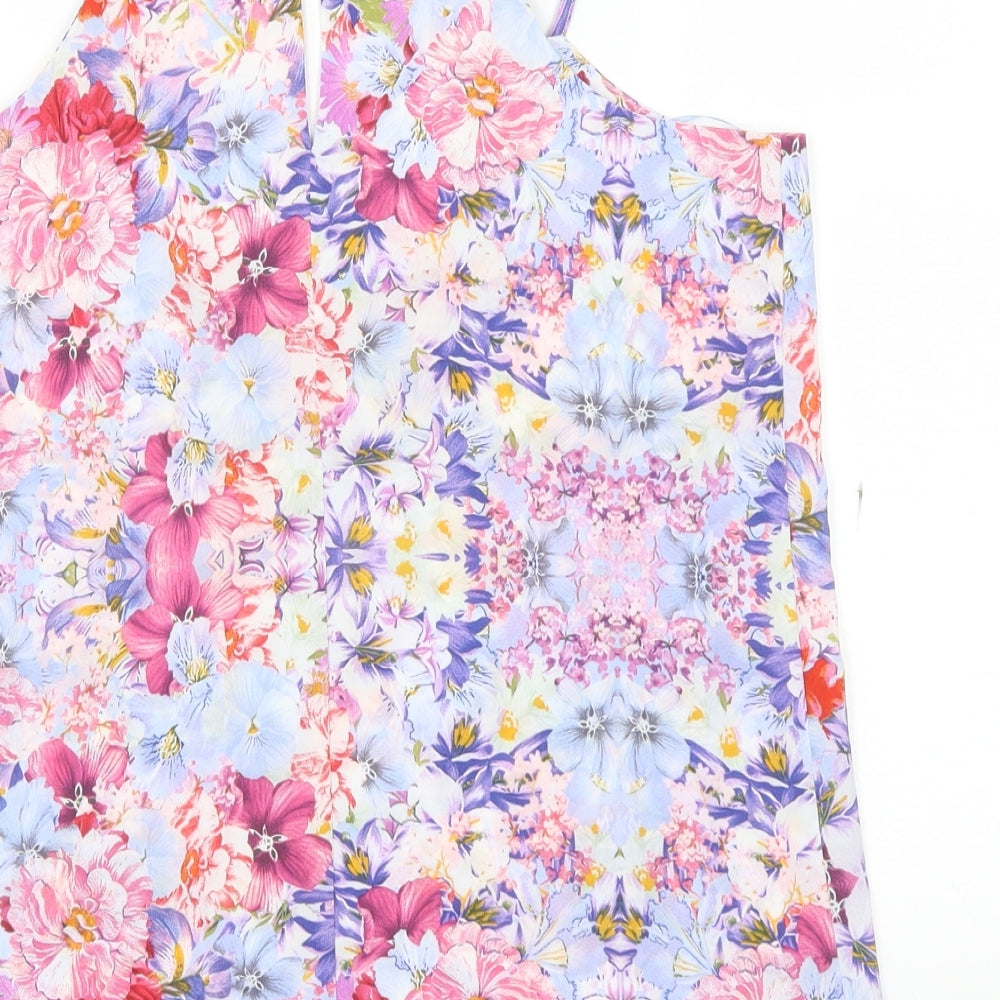 Brand and care label for Dorothy Perkins women’s purple floral basic blouse, size UK 10