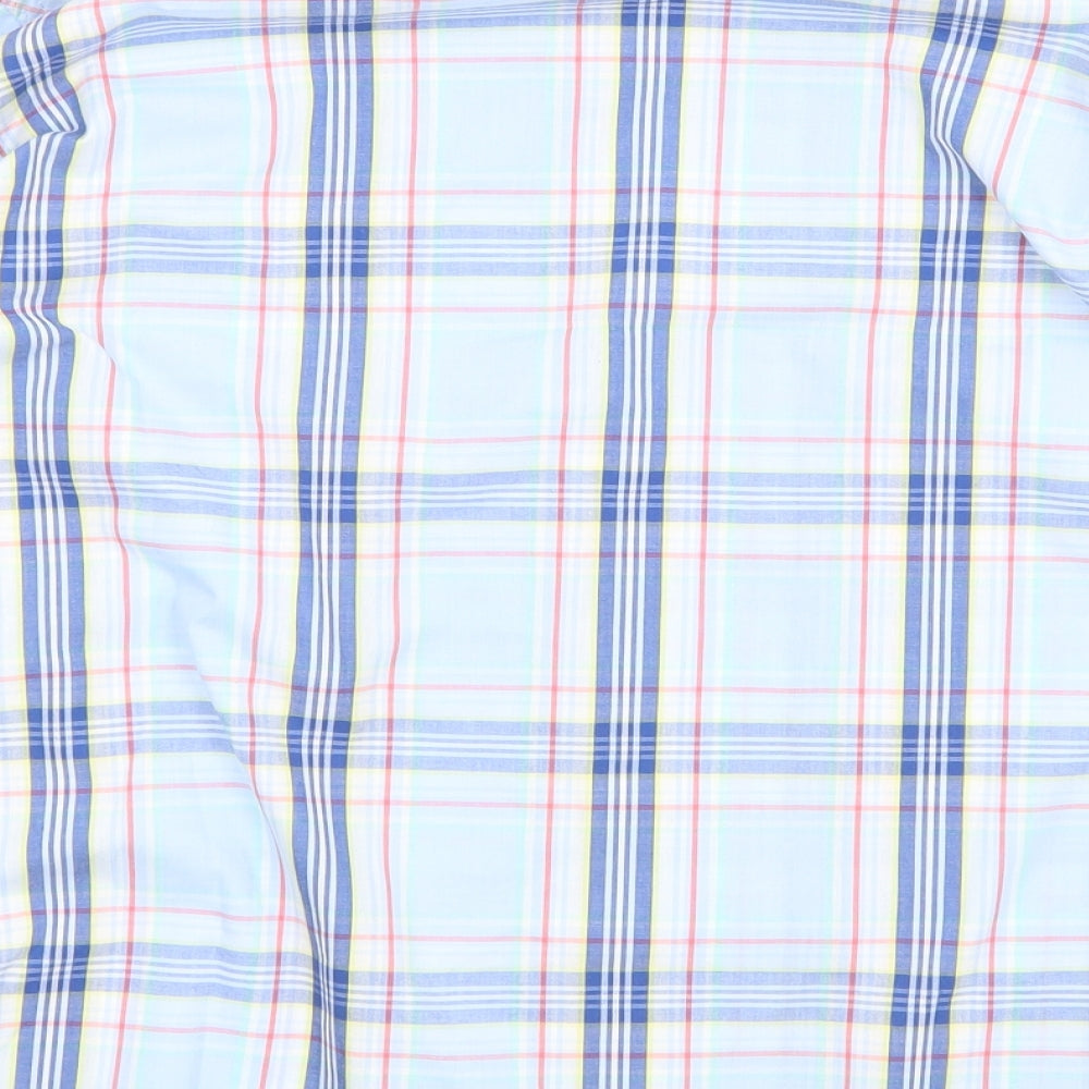 Brand and care label for U.S. Polo Assn. men’s blue check button-up, size S
