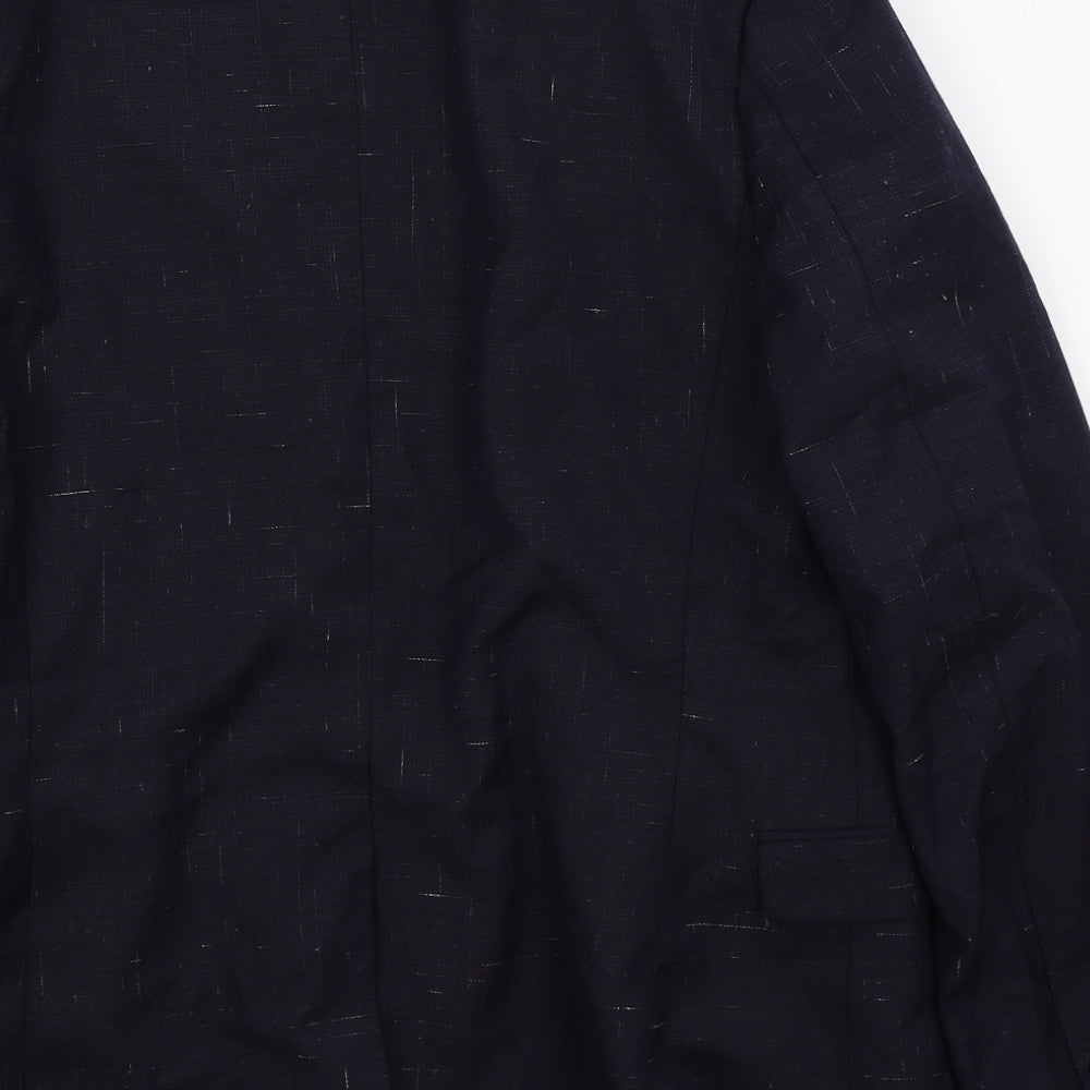 Brand and care label for H&M men’s blue jacket suit jacket, size 38