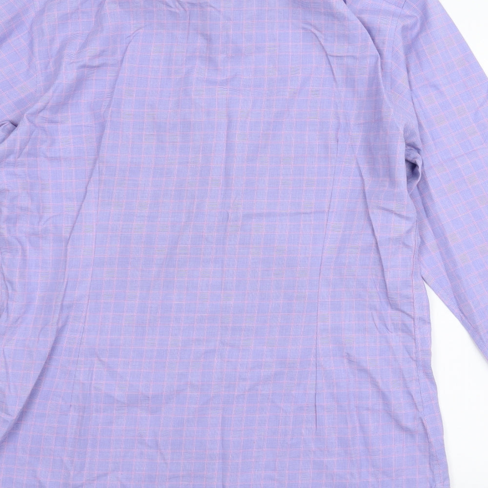 Brand and care label for Marks & Spencer men’s purple plaid t-shirt, size 42