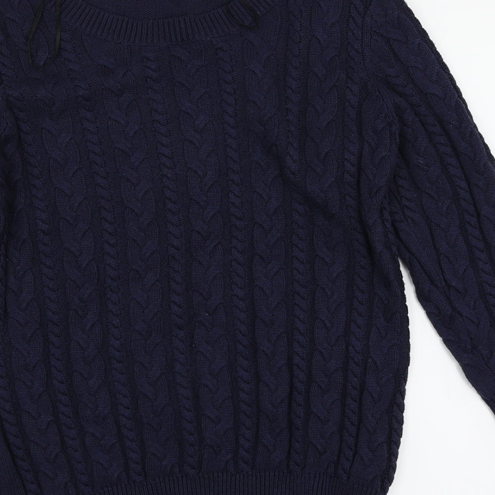 Brand and care label for H&M women’s blue argyle/diamond jumper, size S