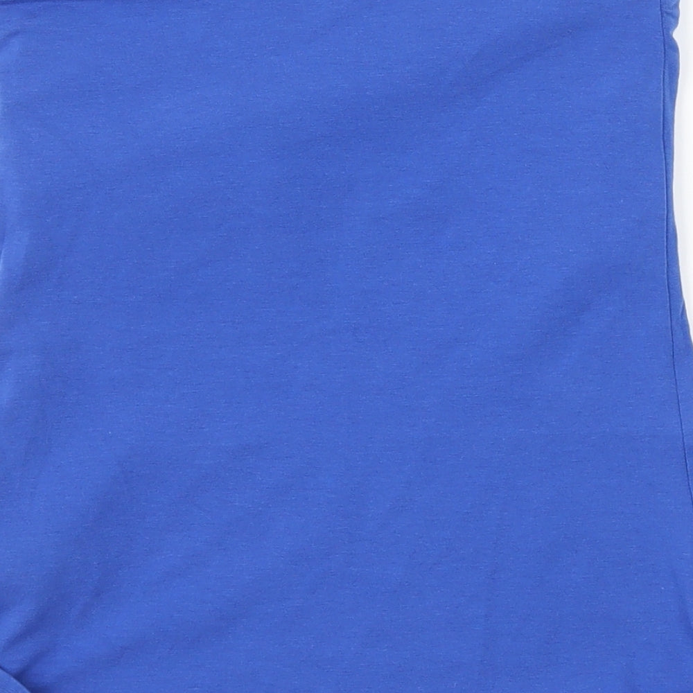 Brand and care label for H&M women’s blue jersey basic t-shirt, size XS