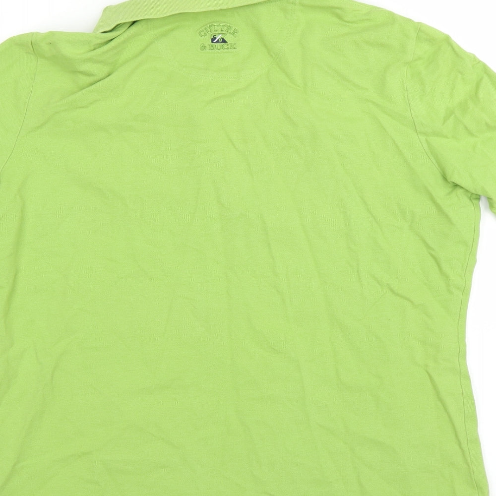Brand and care label for Gutter & Buck women’s green basic polo, size M