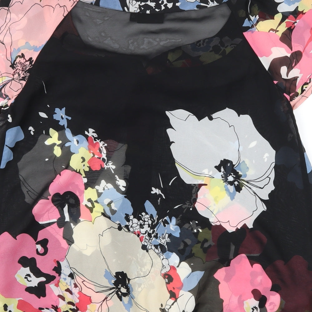 Brand and care label for Next women’s black floral basic blouse, size UK 12