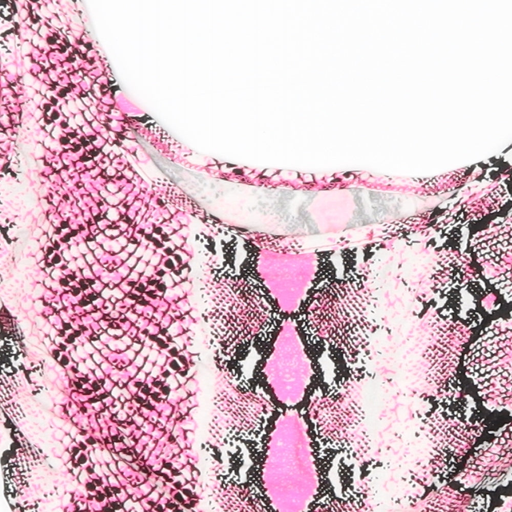 Brand and care label for PRETTYLITTLETHING women’s pink geometric basic blouse, size UK 8