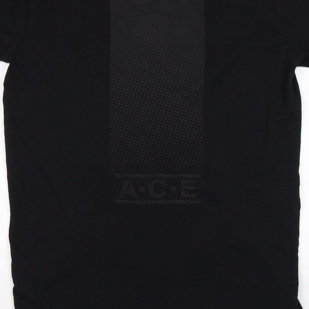 Brand and care label for A.C.E men’s black t-shirt, size M, - all can exist