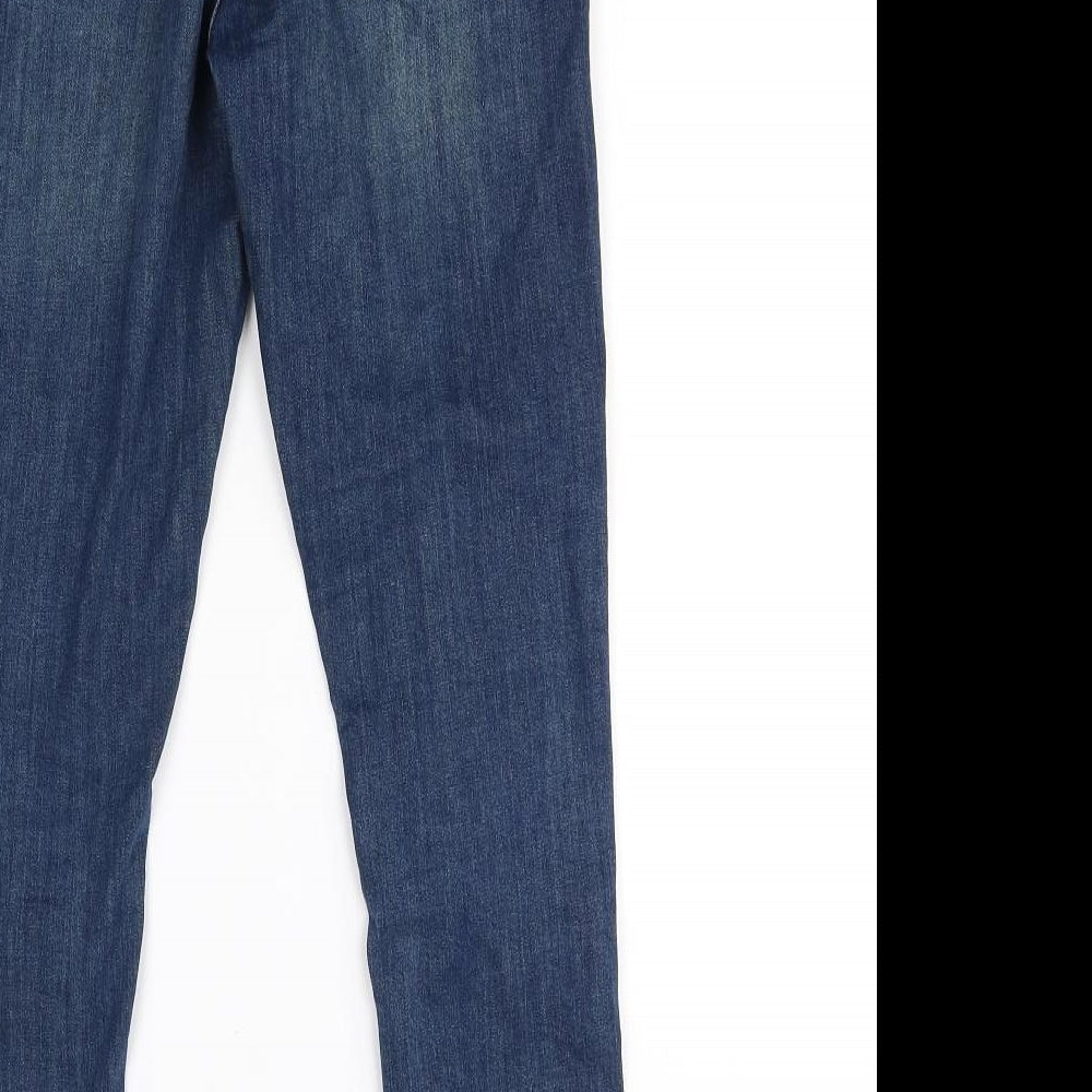 Brand and care label for Topshop women’s blue skinny jeans, size UK 28, in, 27-inch leg