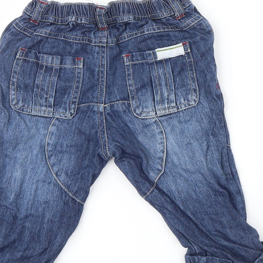 Brand and care label for Blue Zoo boys’ blue denim capri jeans, size 9-12, months
