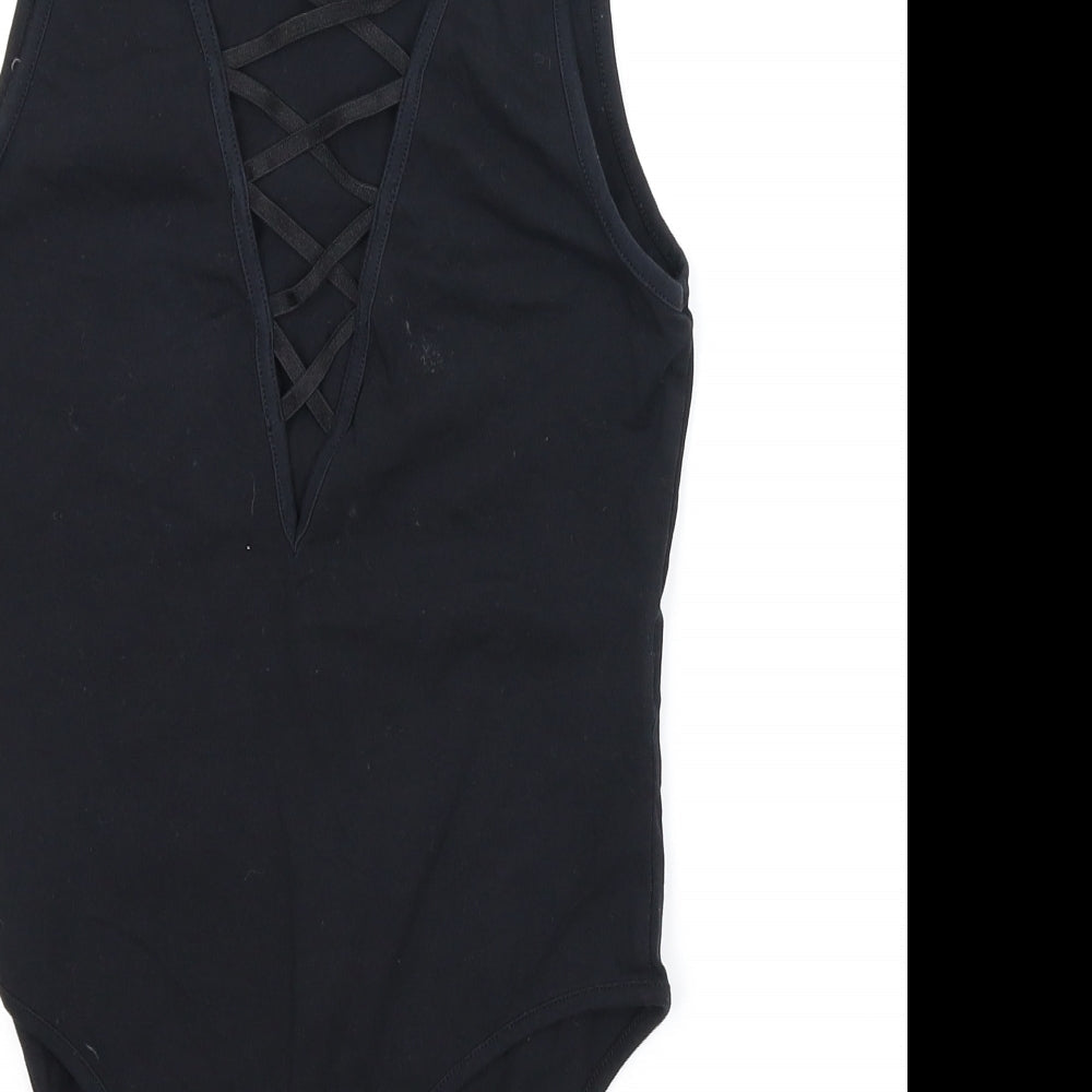 Brand and care label for Topshop women’s black leotard one-piece, size UK 8