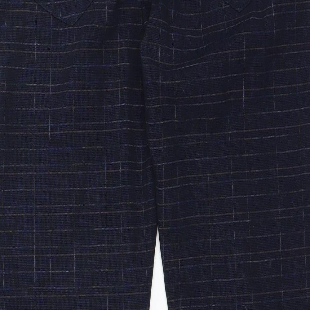 Brand and care label for Fashion Apparel men’s blue trousers, size 34, in, 29-inch leg
