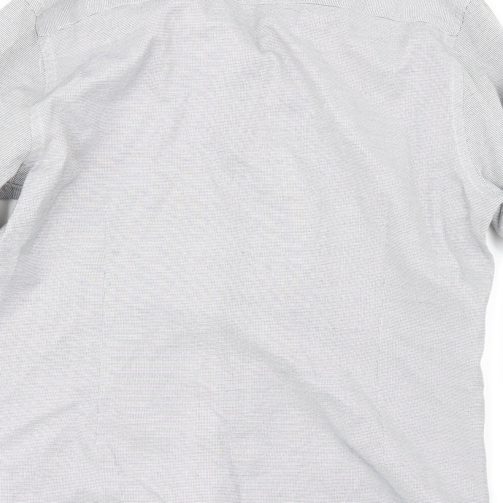 Brand and care label for Spital Fields men’s grey button-up, size 16