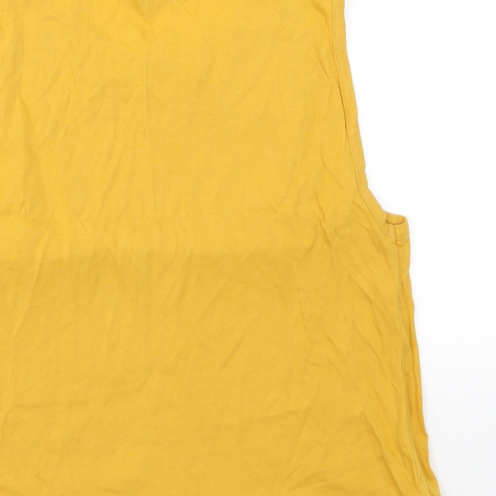 Brand and care label for New Look women’s yellow jersey basic tank, size UK 12
