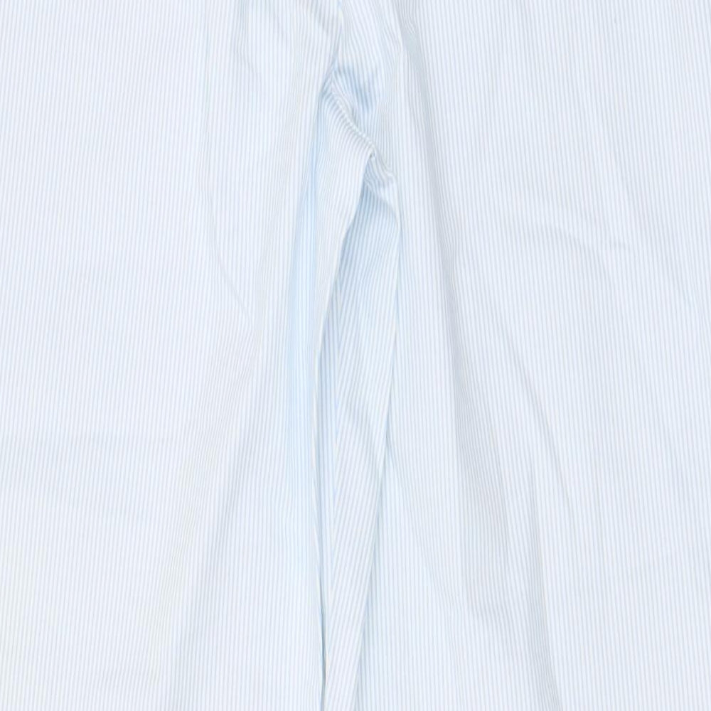 Brand and care label for Marks & Spencer women’s blue striped trousers, size UK 10, 26-inch leg