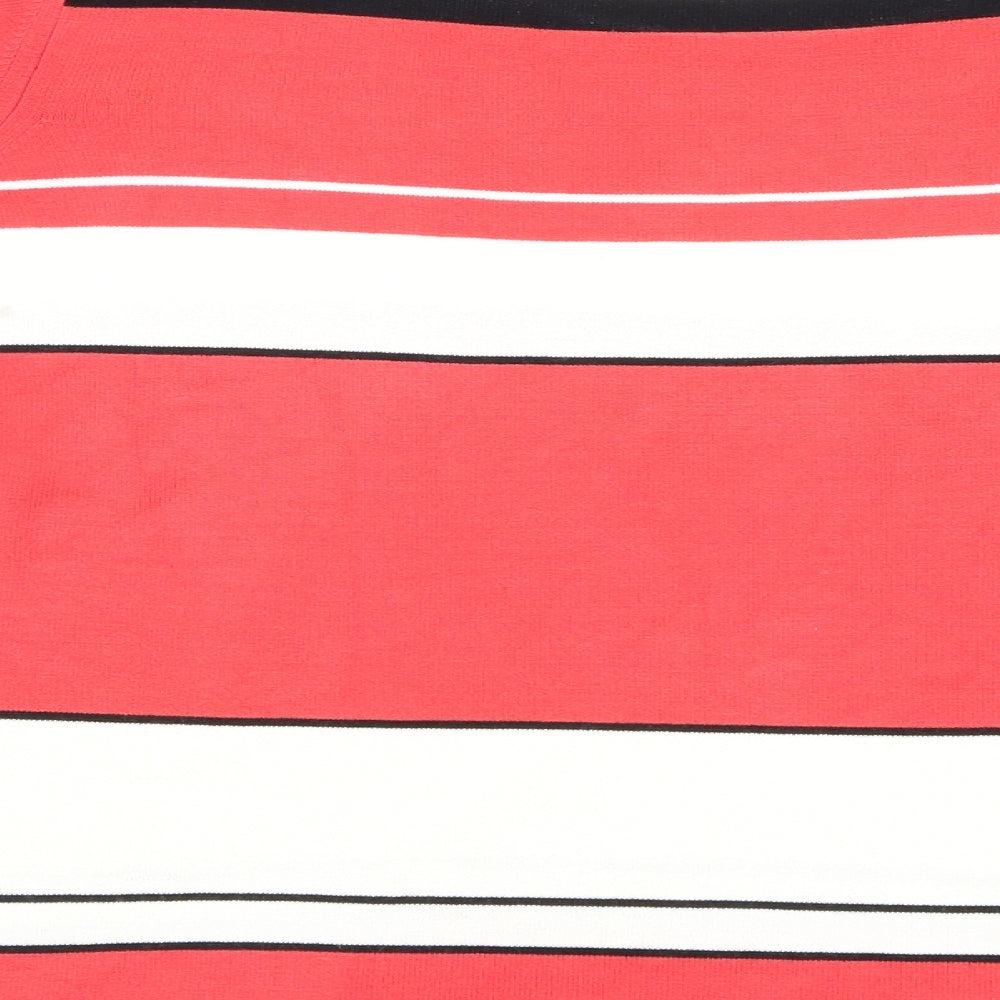 Brand and care label for Eugen Klein women’s red striped jumper, size UK 18