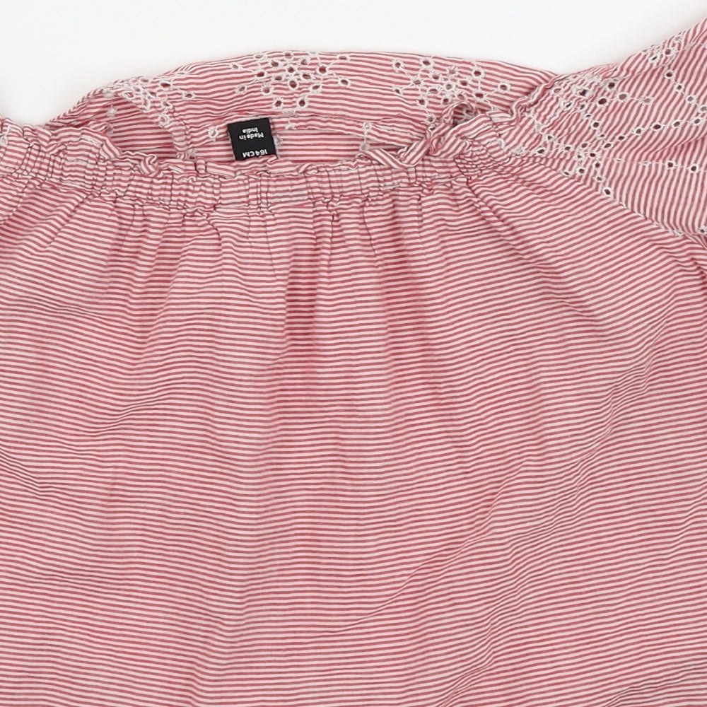 Brand and care label for New Look girls’ red spotted basic t-shirt, size 14, years