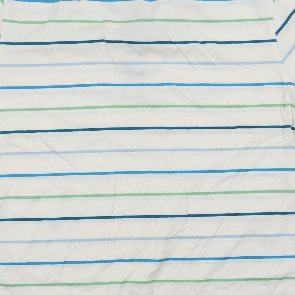 Brand and care label for Ungaro men’s white striped polo, size M