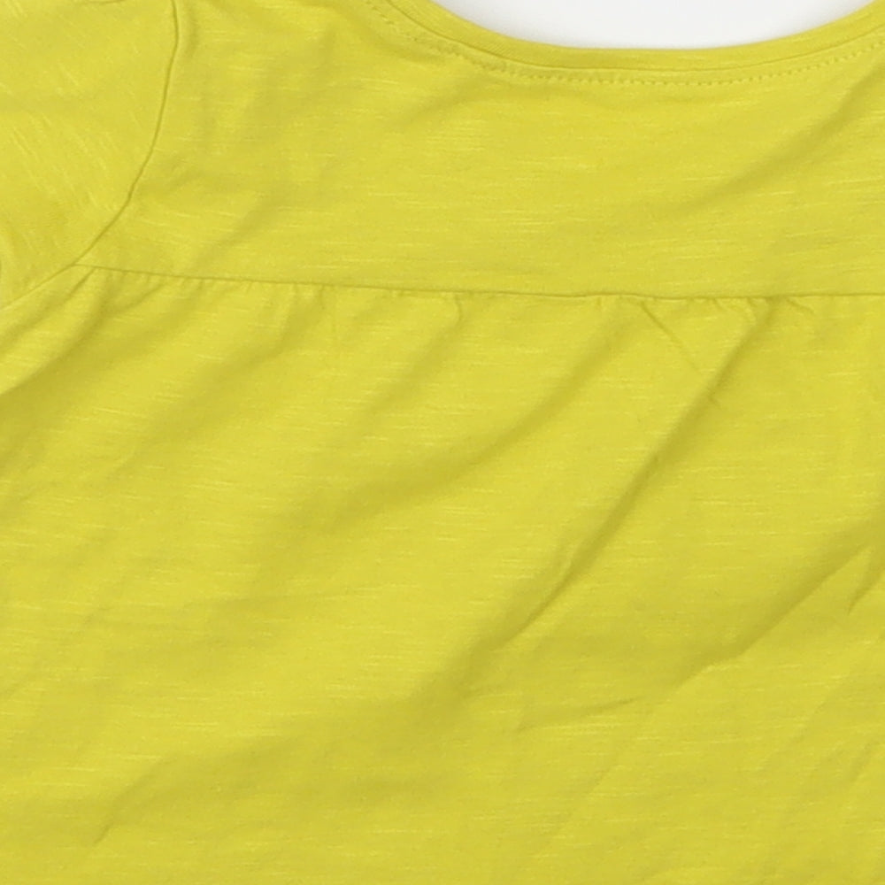 Brand and care label for Next girls’ yellow t-shirt dress, size 9-12, months