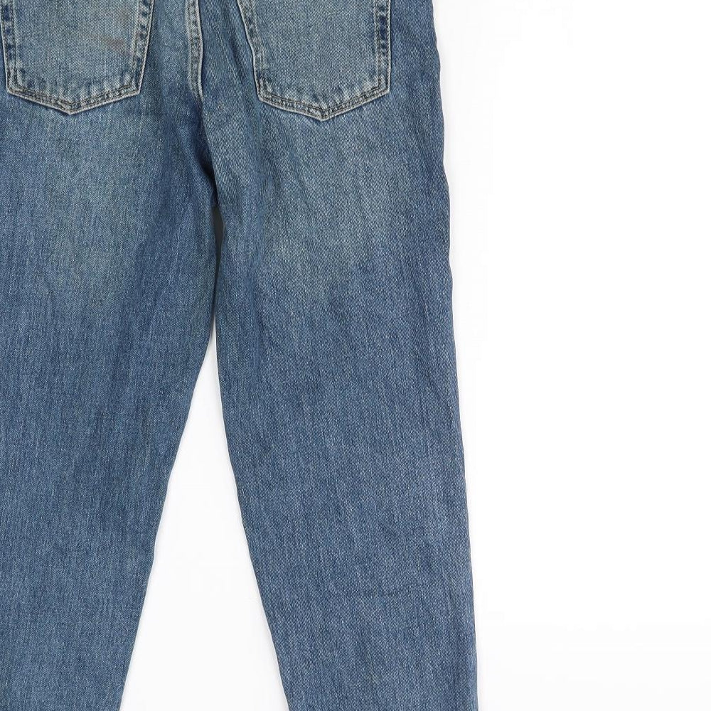 Brand and care label for Topshop women’s blue straight jeans, size UK 26, in, 26.5-inch leg
