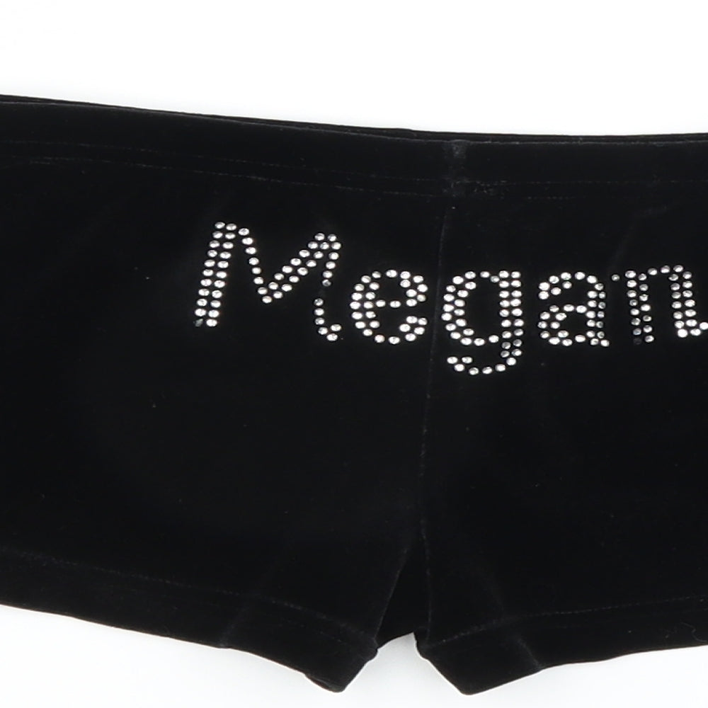 Brand and care label for Preworn girls’ black sweat shorts, size 9-10, years