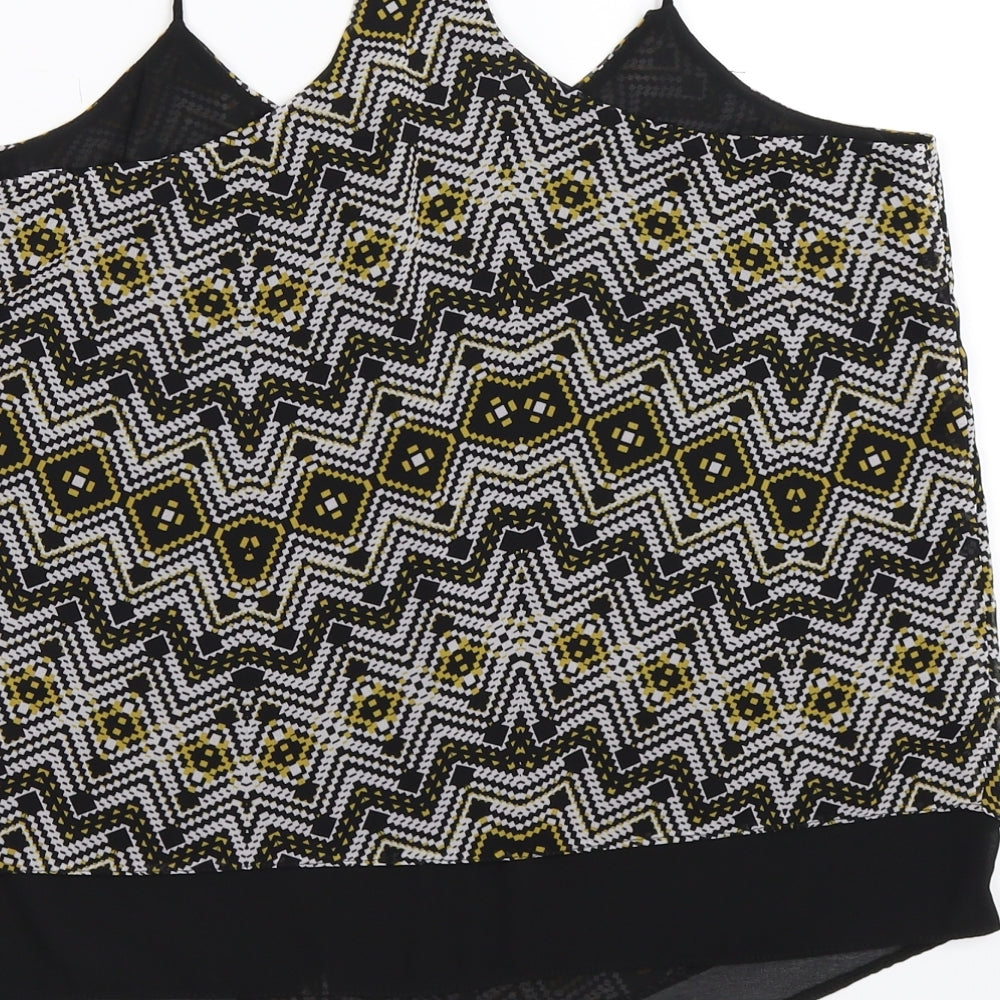 Brand and care label for New Look women’s black geometric chiffon basic tank, size UK 12