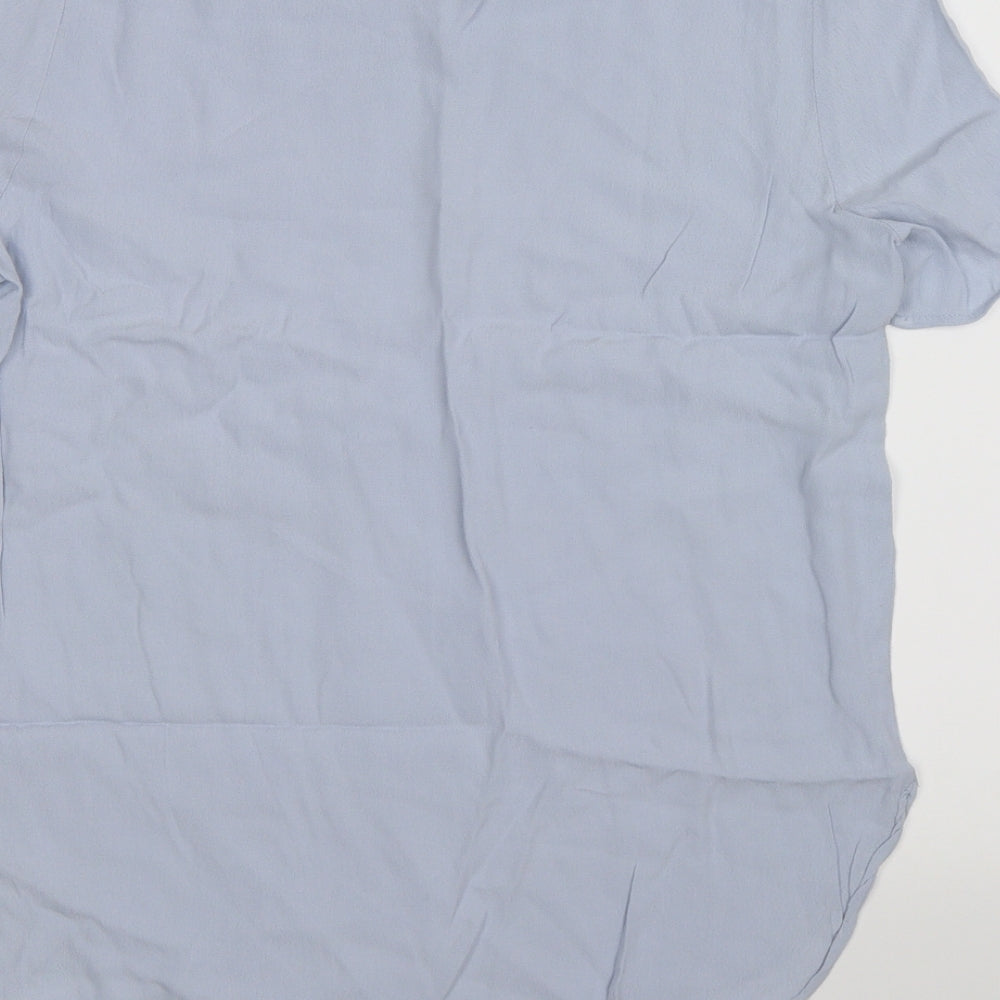 Brand and care label for H&M women’s blue tunic t-shirt, size UK 10