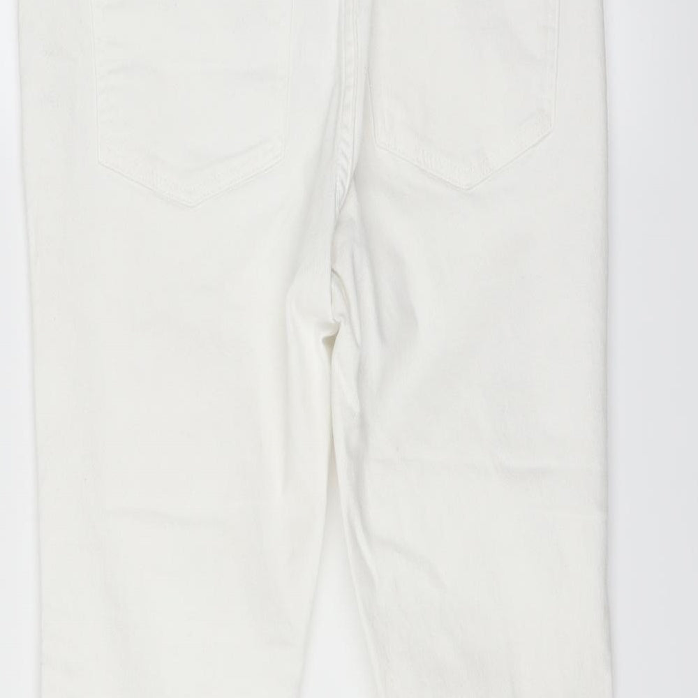Brand and care label for H&M women’s white denim flared jeans, size UK 28, in, 24-inch leg - cut off distressed