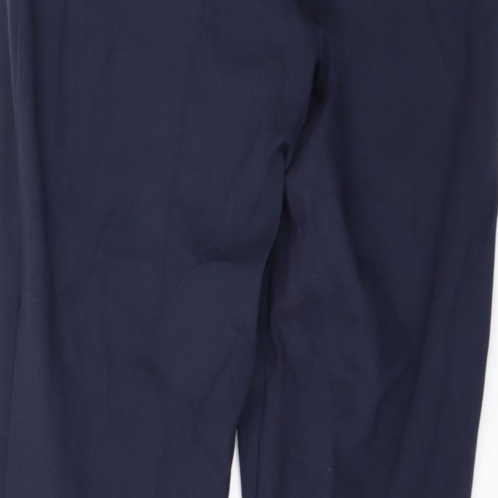 Brand and care label for Marks & Spencer women’s blue trousers, size UK 12, 28-inch leg