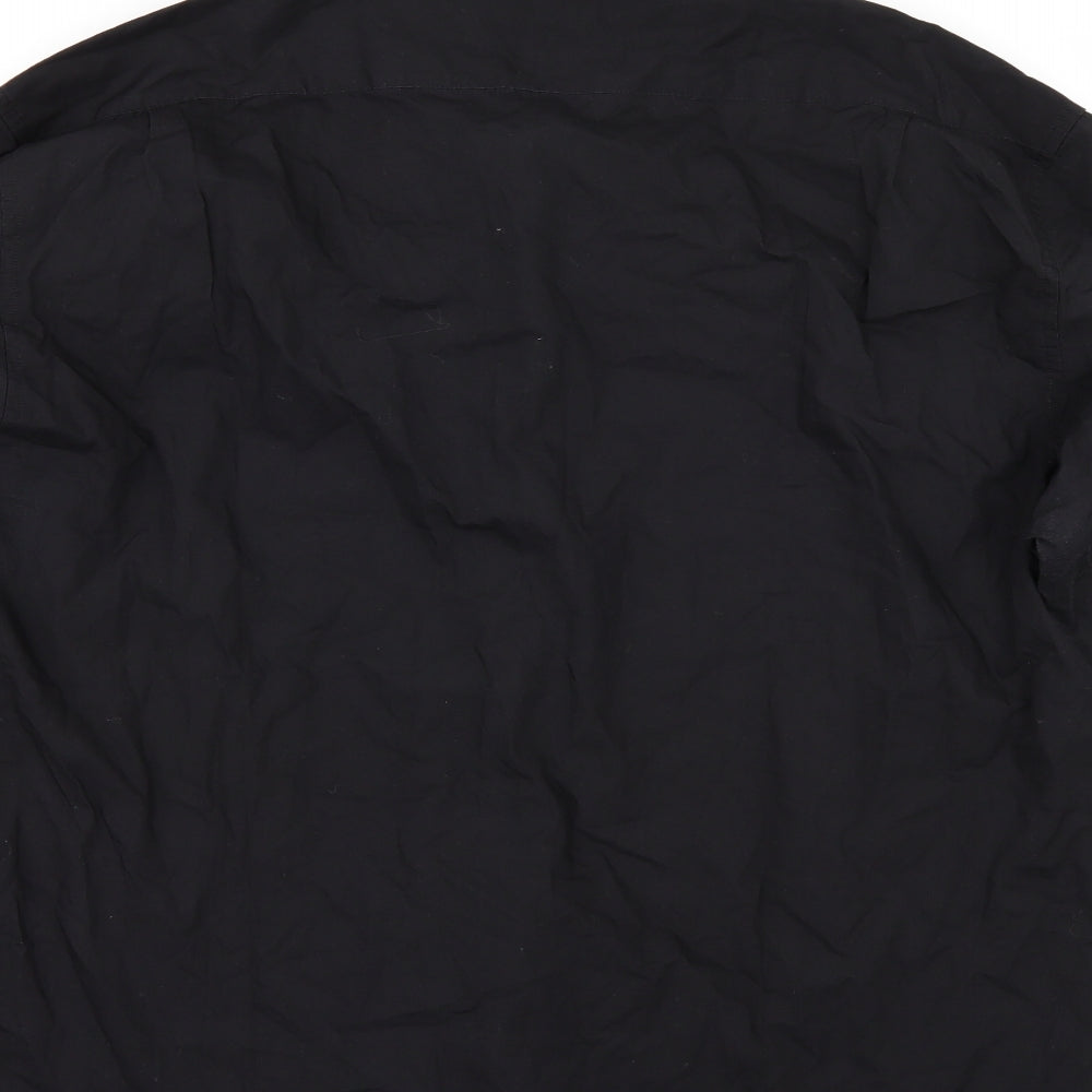 Brand and care label for hazards men’s black button-up, size 17