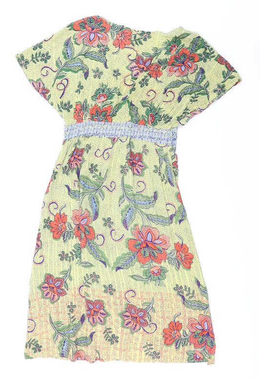 Angie Womens Yellow Floral Fit & Flare Size S