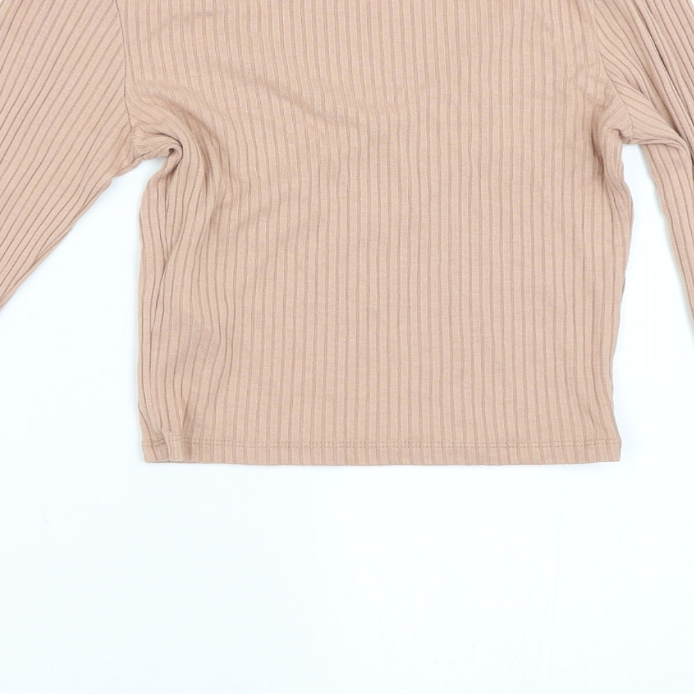 Brand and care label for Topshop women’s beige basic t-shirt, size UK 8