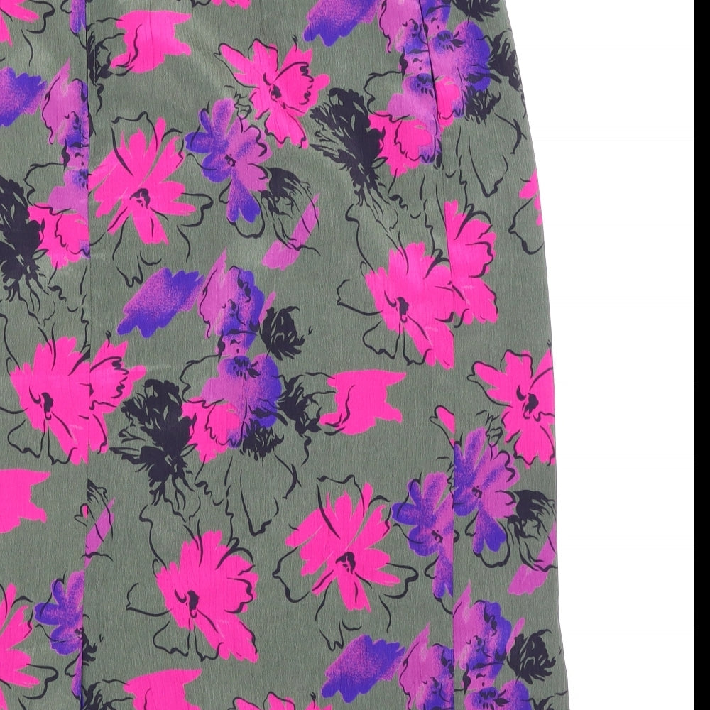 Brand and care label for Preworn women’s green floral straight & pencil skirt, size UK 14