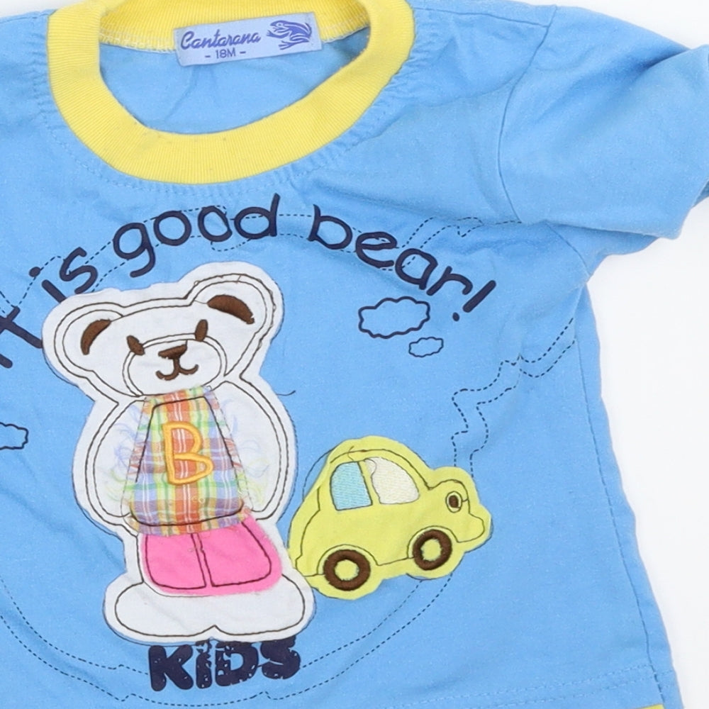 Brand and care label for Cantarana boys’ blue basic t-shirt, size 18-24, months - teddy bear