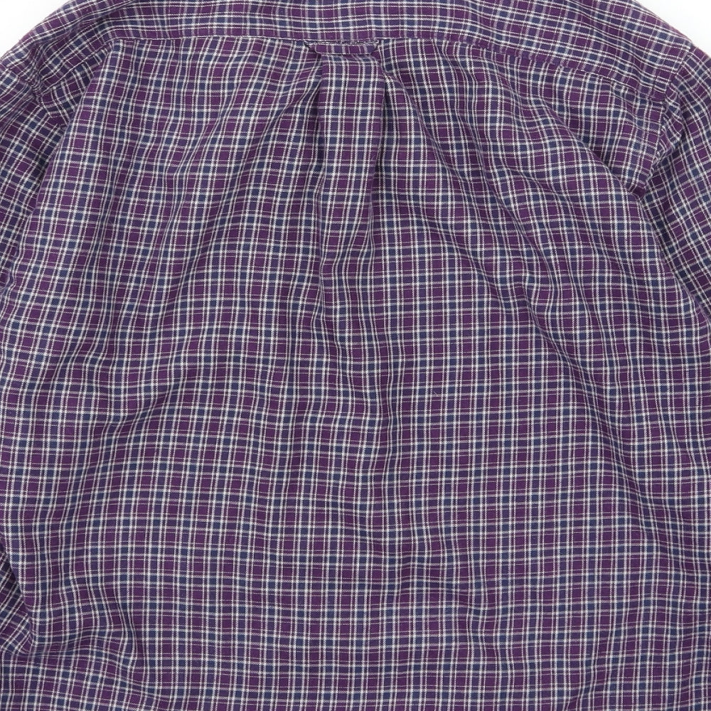 Brand and care label for EWM men’s purple striped woven button-up, size M
