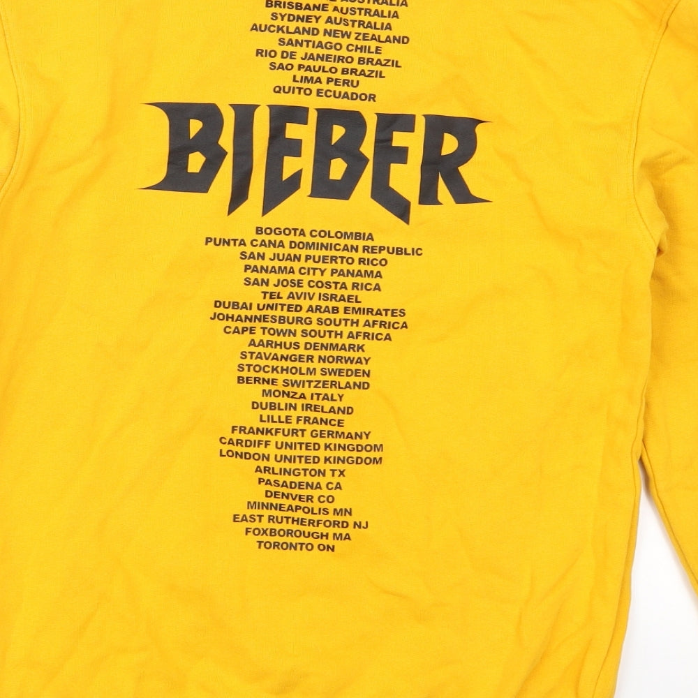 Brand and care label for H&M women’s yellow pullover sweatshirt, size XS, - team bieber justin bieber