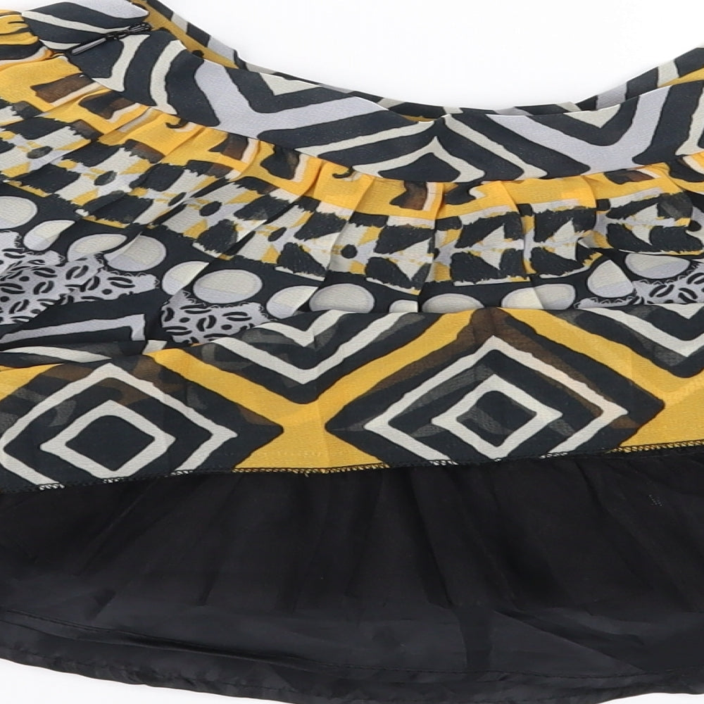 Brand and care label for Miss GG girls’ black geometric chiffon flare skirt, size 7, years