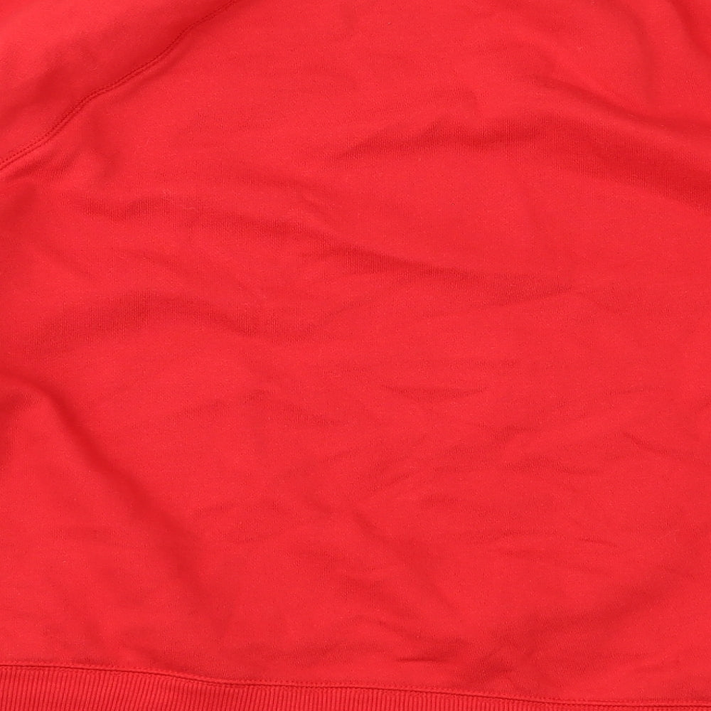 Brand and care label for H&M women’s red pullover sweatshirt, size M