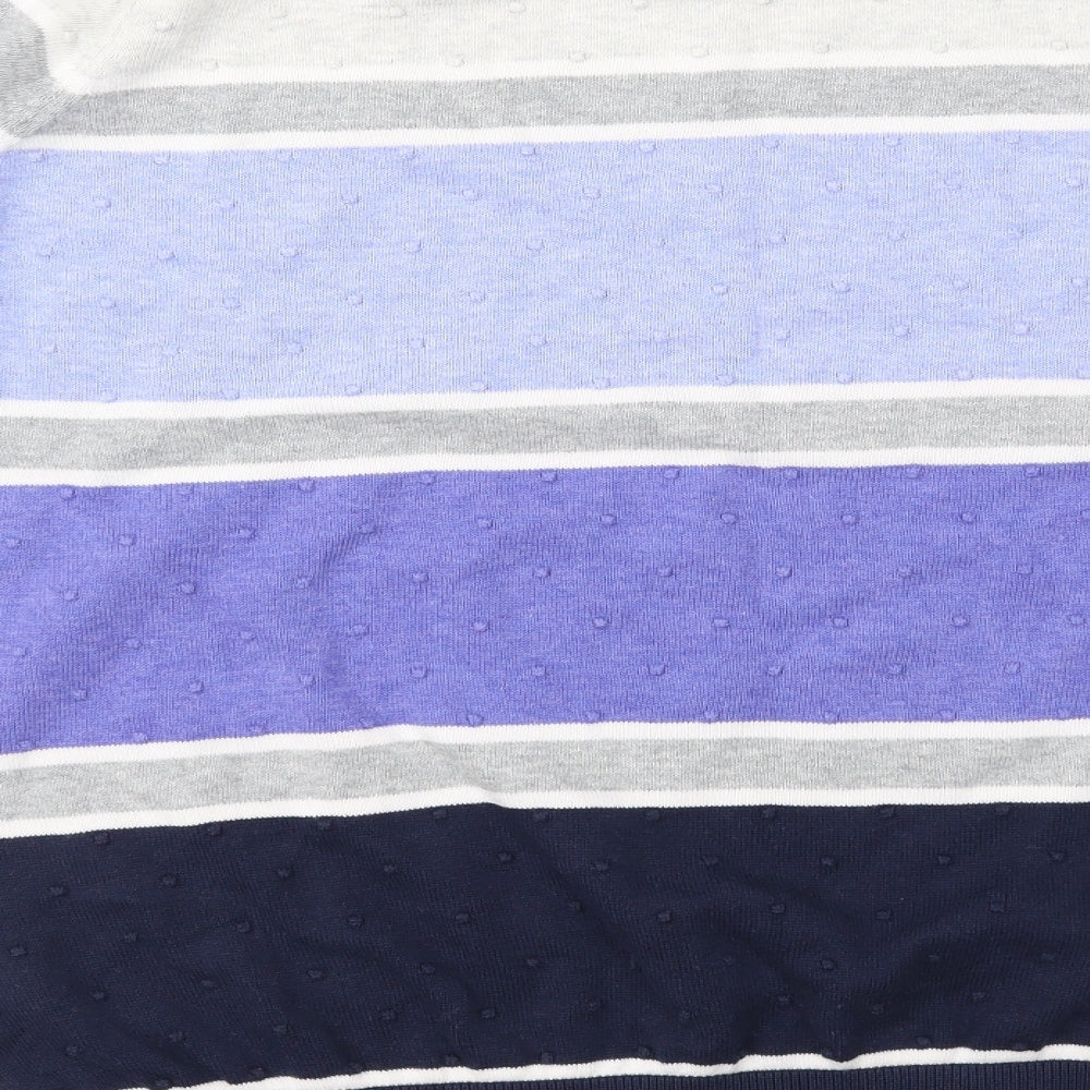 Brand and care label for Bonmarché women’s blue striped knit jumper, size L