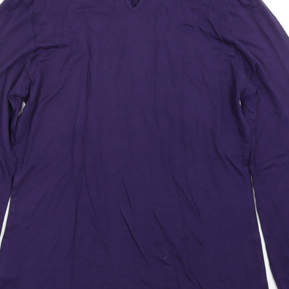 Brand and care label for Oasis women’s purple chambray basic t-shirt, size UK 12