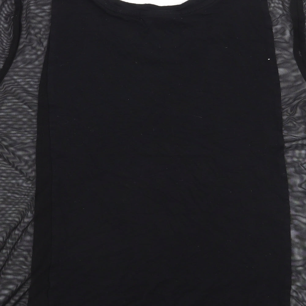 Brand and care label for Forever 21 women’s black basic t-shirt, size S, - mesh panel