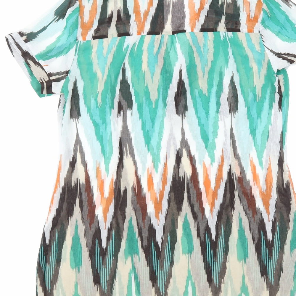 Brand and care label for John Richmond women’s multicoloured geometric tunic blouse, size UK 12