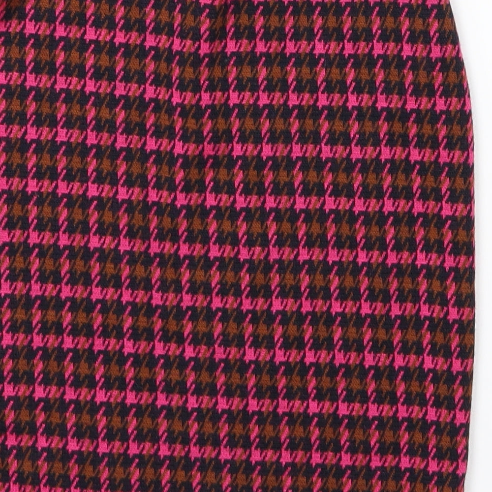 Brand and care label for New Look women’s pink plaid a-line skirt, size UK 8
