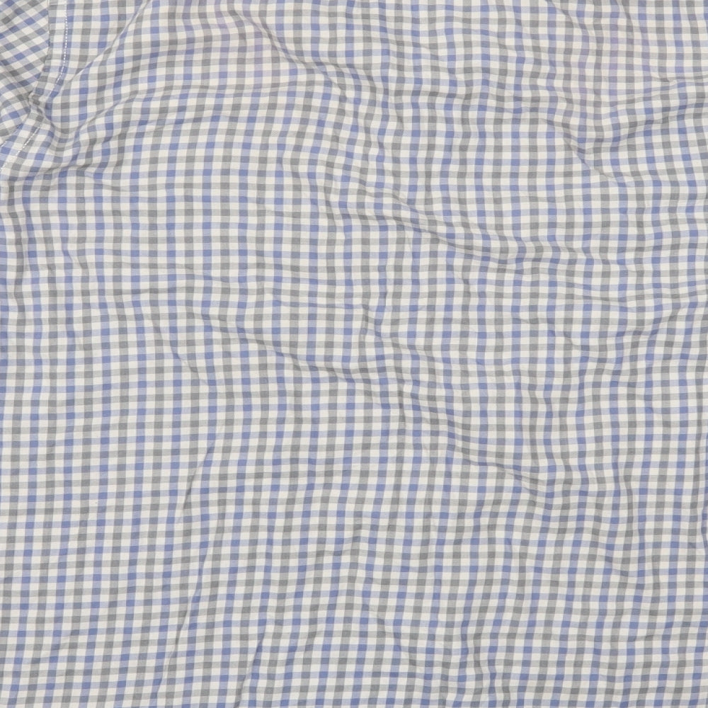 Brand and care label for boston crew men’s grey plaid button-up, size XL