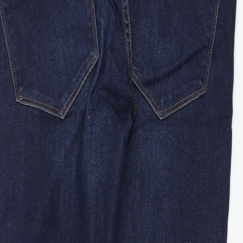 Brand and care label for H&M women’s blue straight jeans, size UK 12, 29-inch leg